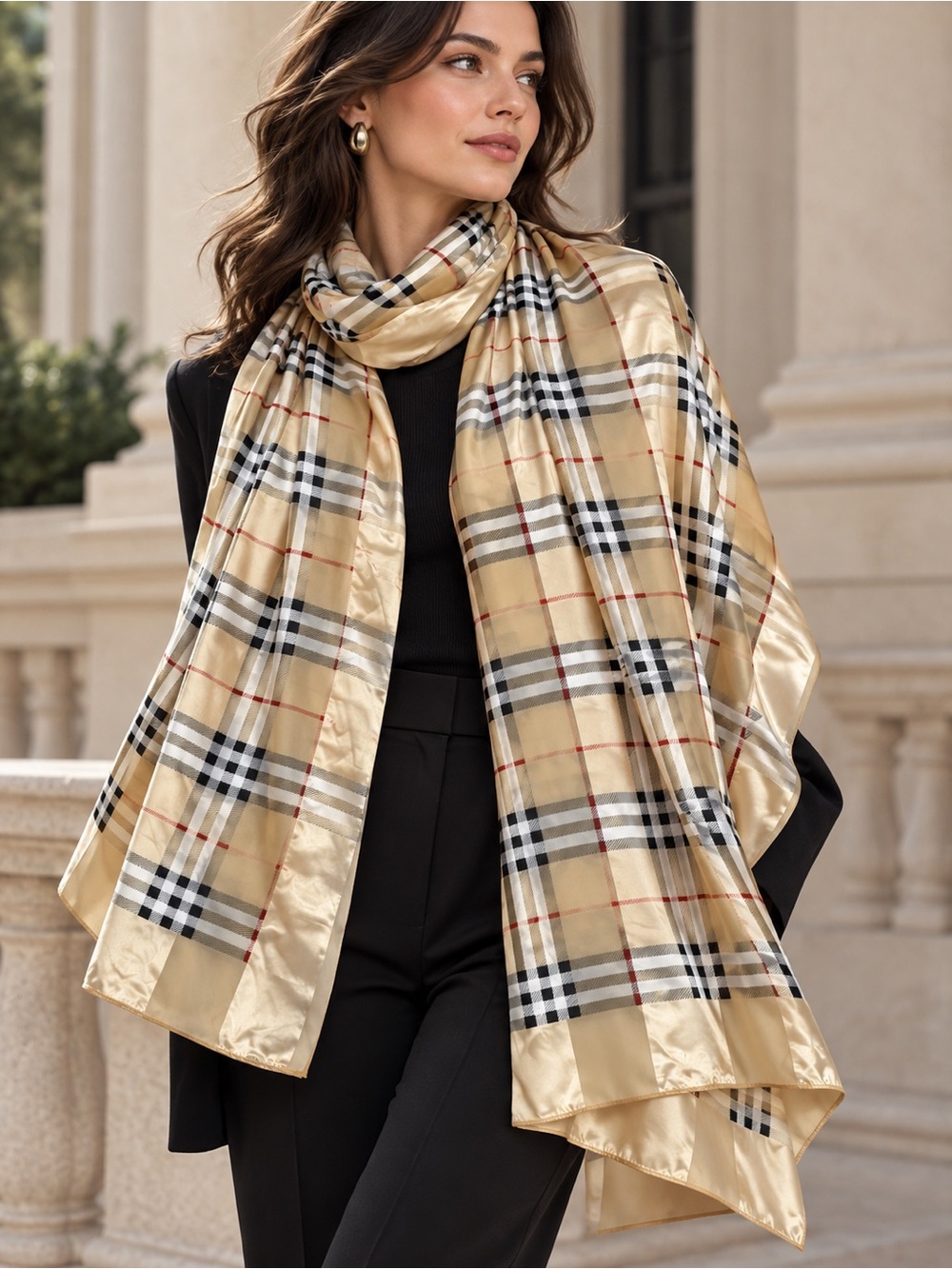 Beige Plaid Satin Wrap Scarf